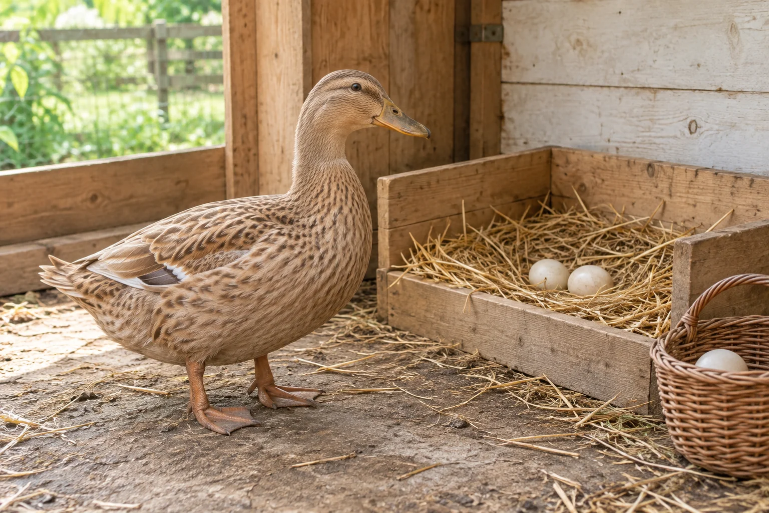 Bruine eend naast een laag houten nest met stro en twee eieren; in een rieten mand ligt nog een ei.