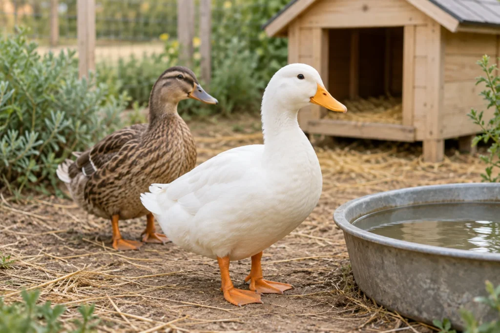 Een witte en een bruine eend staan bij een ronde waterbak en een houten hok in een buitenverblijf.