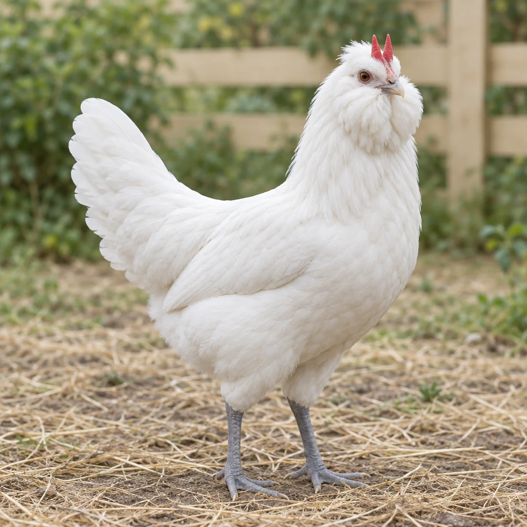 Witte hen met een volle verenbaard, twee rode kampunten en leiblauwe poten op een erf met stro.