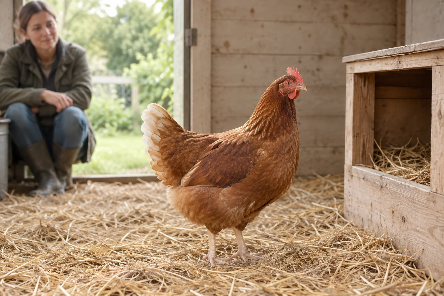 Bruine kip staat op stro naast een houten legnest, terwijl een houder vanaf de deuropening toekijkt.