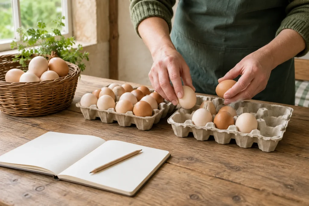 Handen leggen eieren in kartonnen eiertrays op een houten tafel, naast een mand met eieren en een leeg notitieboek met potlood.