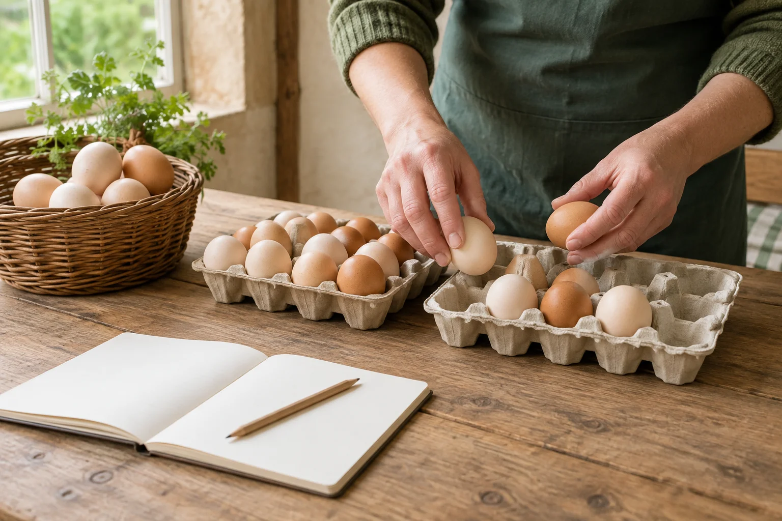 Handen leggen eieren in kartonnen eiertrays op een houten tafel, naast een mand met eieren en een leeg notitieboek met potlood.