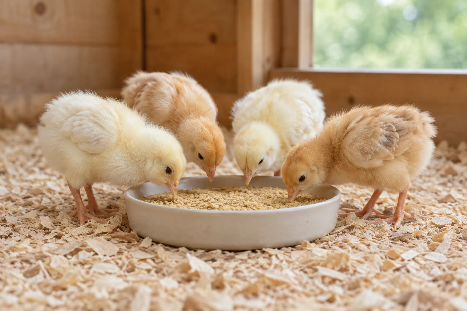 Vier jonge kippenkuikens eten uit een lage schaal met voer op houtkrullen in een houten ruimte.