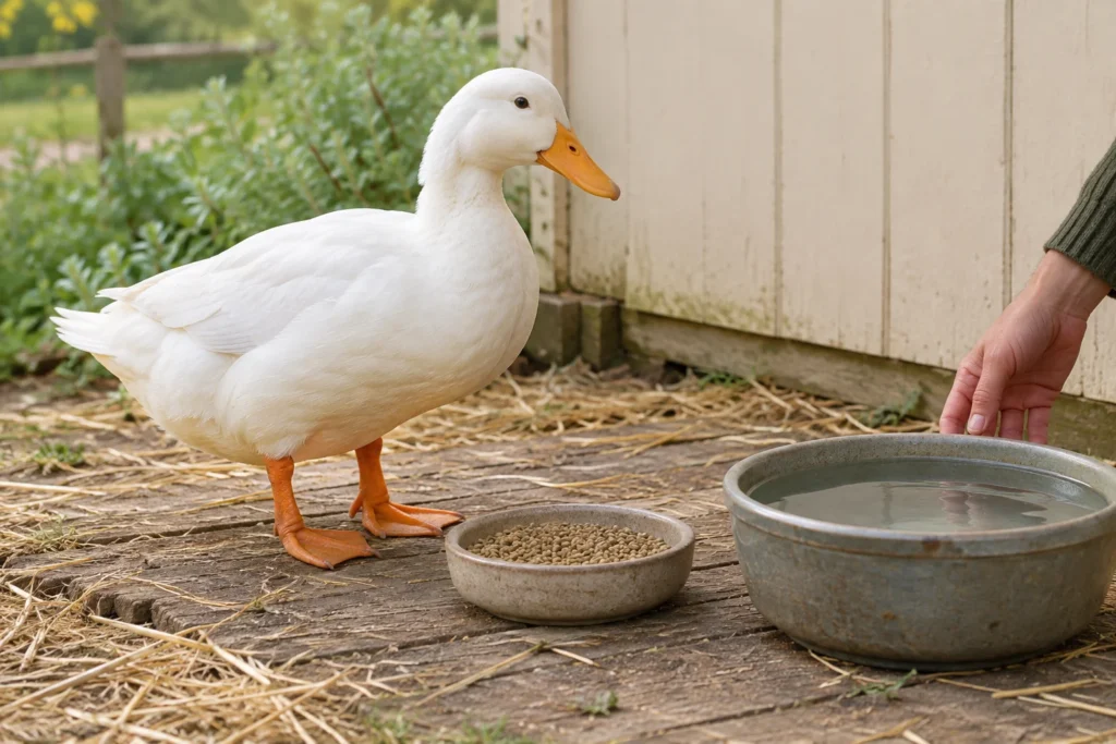 Witte eend naast een schaal met voerkorrels en een bak water; een hand rust bij de waterbak.