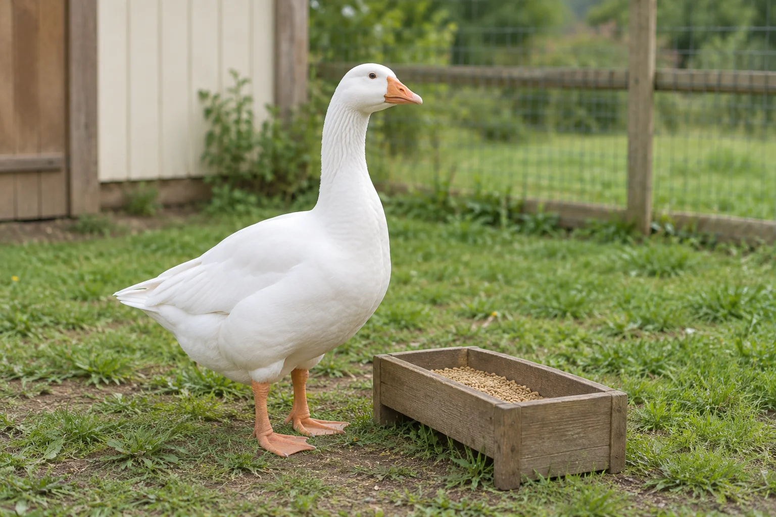 Witte gans naast een houten voerbak met korrels in een omheinde, groene uitloop.