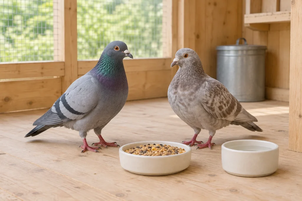 Twee duiven bij een bak met gemengd voer en een drinkbak in een houten duivenverblijf.