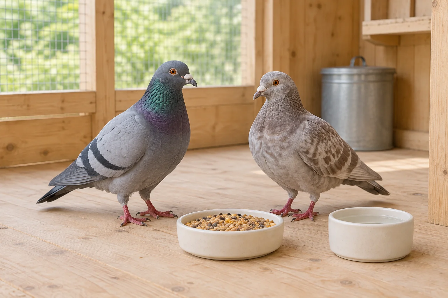 Twee duiven bij een bak met gemengd voer en een drinkbak in een houten duivenverblijf.