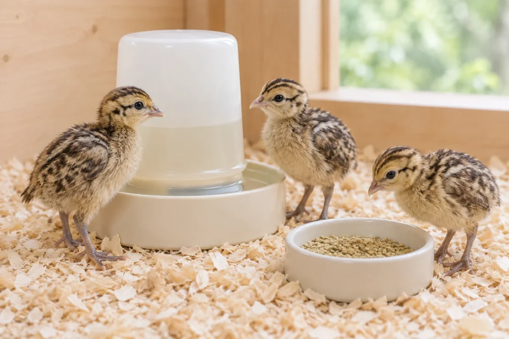 Drie fazantenkuikens op houtkrullen naast een voerbakje en een drinkbak.