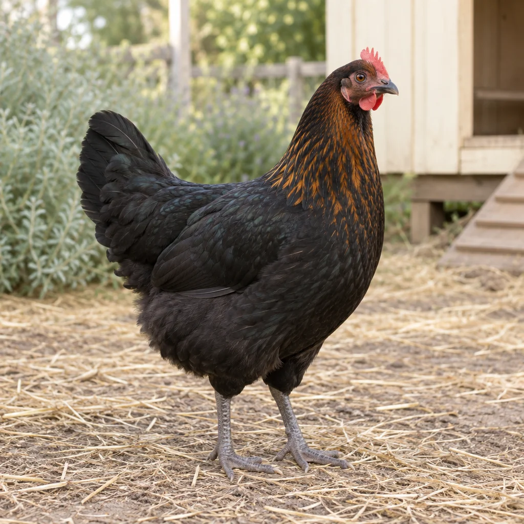 Illustratie van een zwarte hen met koperbruine halsveren en een rode kam bij een kippenhok.