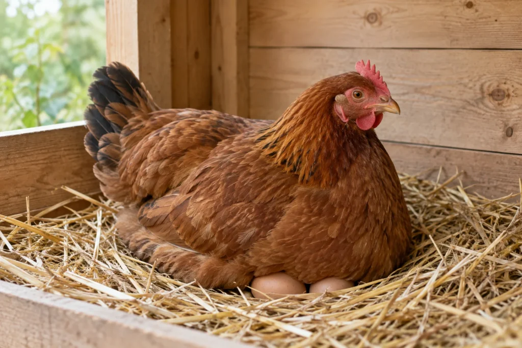 Bruine kip zit op een strooien nest in een houten hok, met twee eieren zichtbaar onder haar borst.