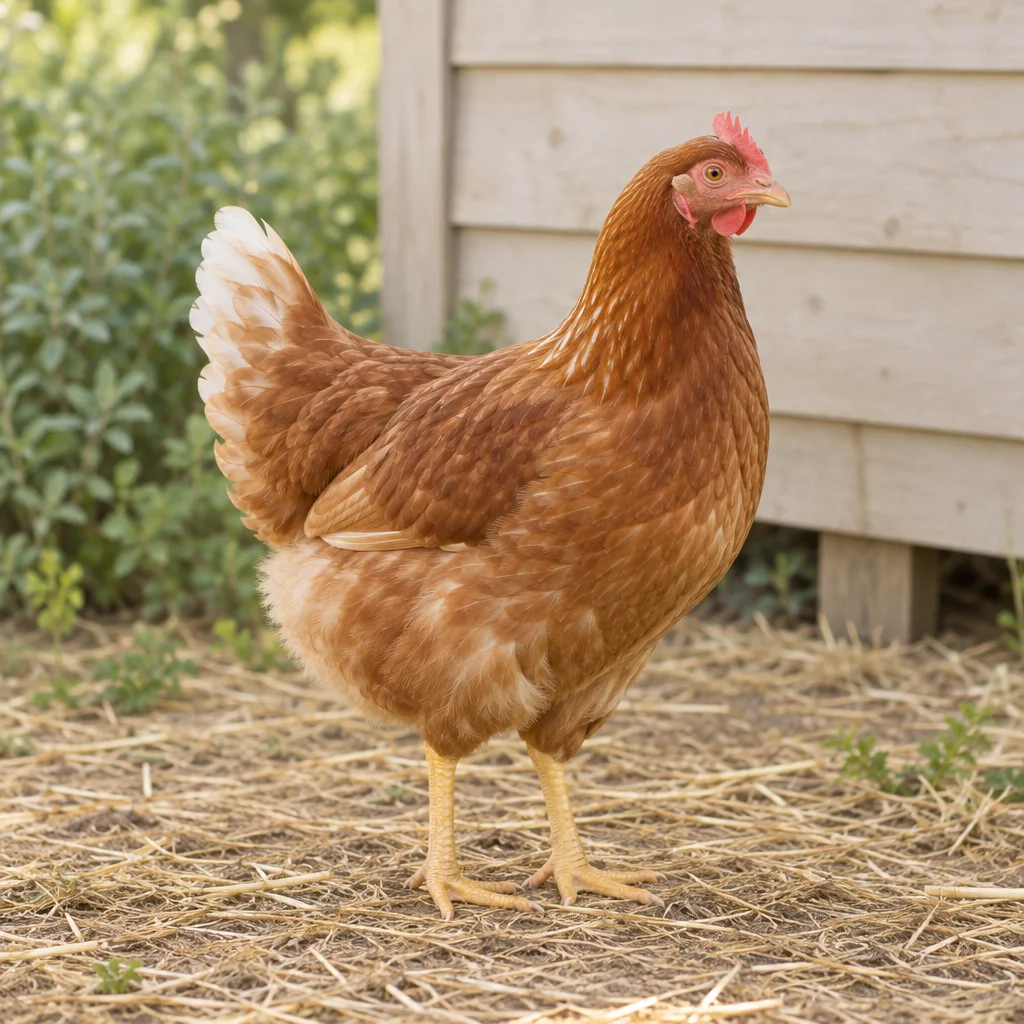 Bruinrode hen met een rode kam, lichte staartveren en gele poten, volledig zichtbaar op stro bij een houten kippenhok.