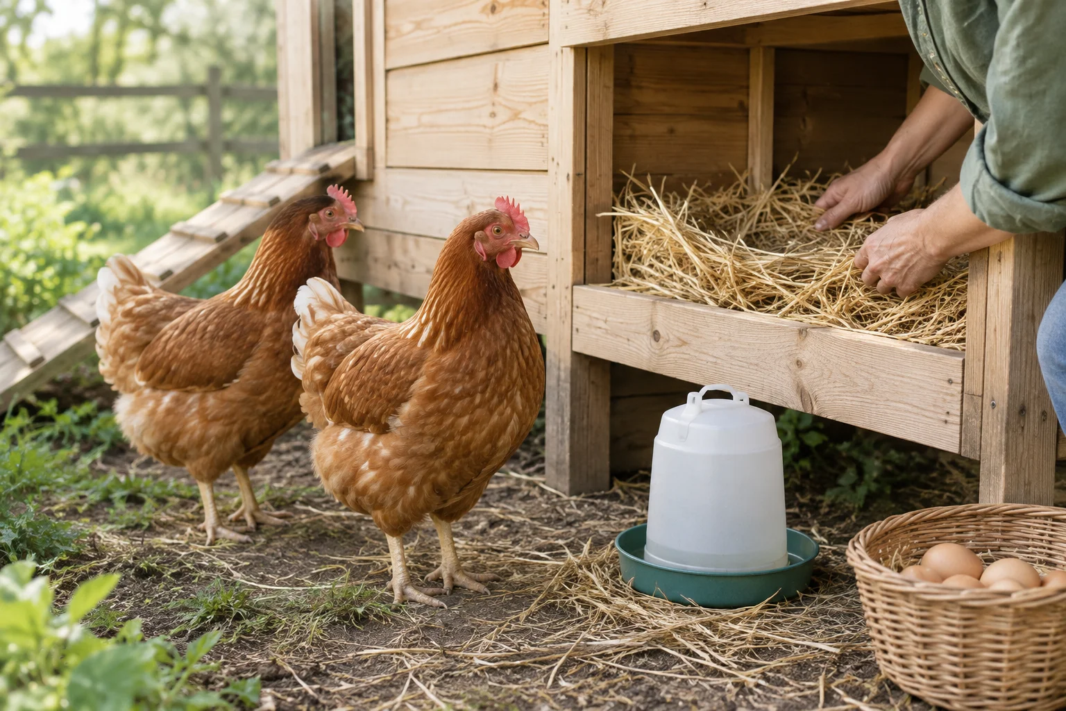 Twee bruine kippen staan naast een houten hok terwijl iemand stro in een legnest schikt. Op de grond staan een drinkbak en een mand met eieren.