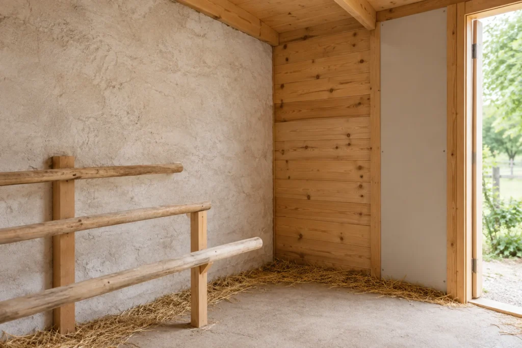 Binnenkant van een leeg kippenhok met een lichte wand, houten wanden en zitstokken.