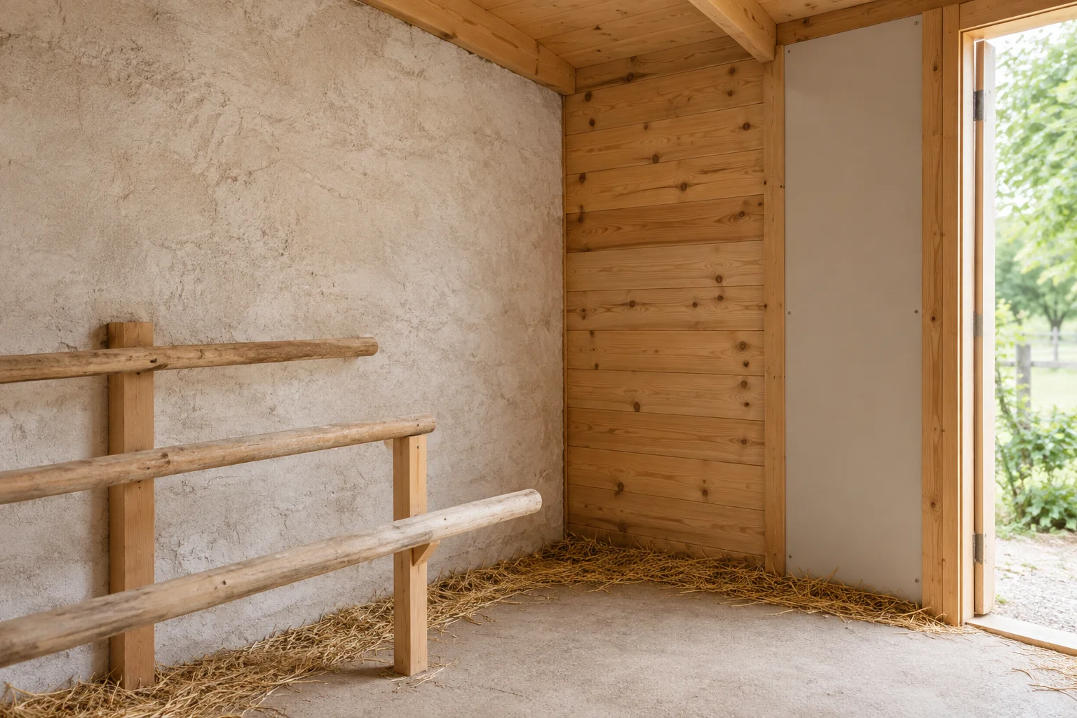 Binnenkant van een leeg kippenhok met een lichte wand, houten wanden en zitstokken.