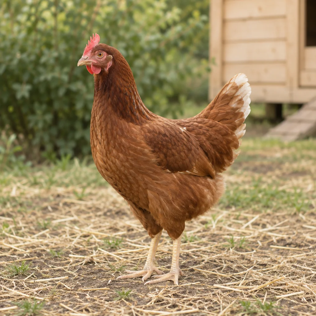 Bruine hen met rode kam, lichte staartpunten en bleke poten, staand op stro voor een houten kippenhok.