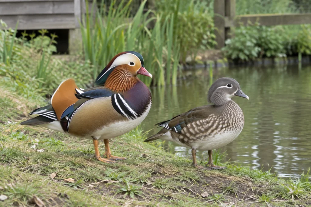 Illustratie van een mannelijke en een vrouwelijke mandarijneend aan de oever van een vijver.