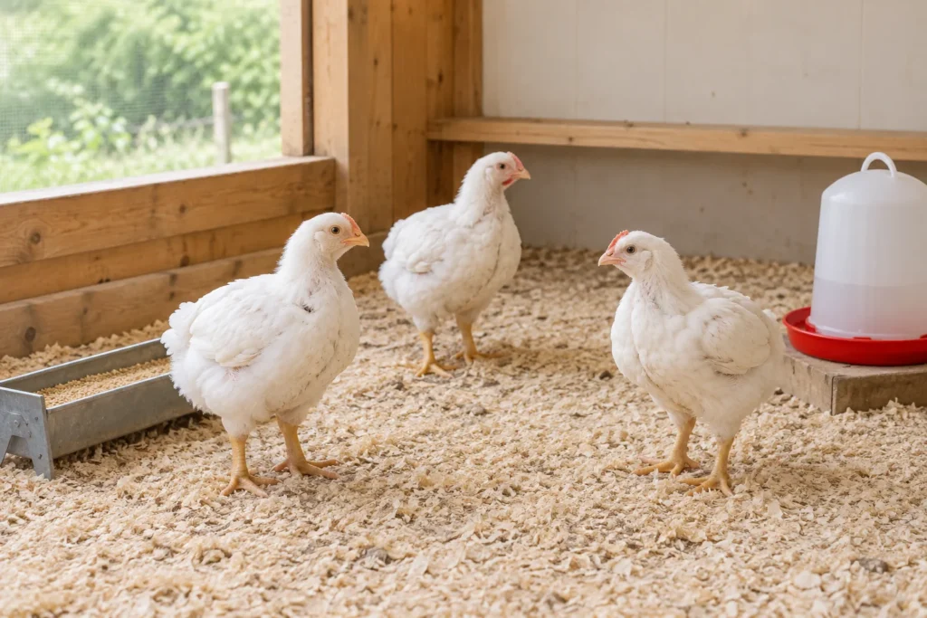 Drie jonge witte kippen staan op houtkrullen in een houten verblijf, naast een voerbak en een drinkbak.