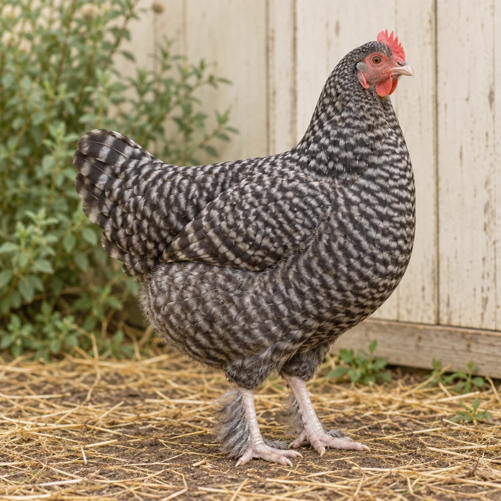 Koekoekkleurige hen met een rode kam en veren aan de poten, staand op stro voor een lichte houten wand.