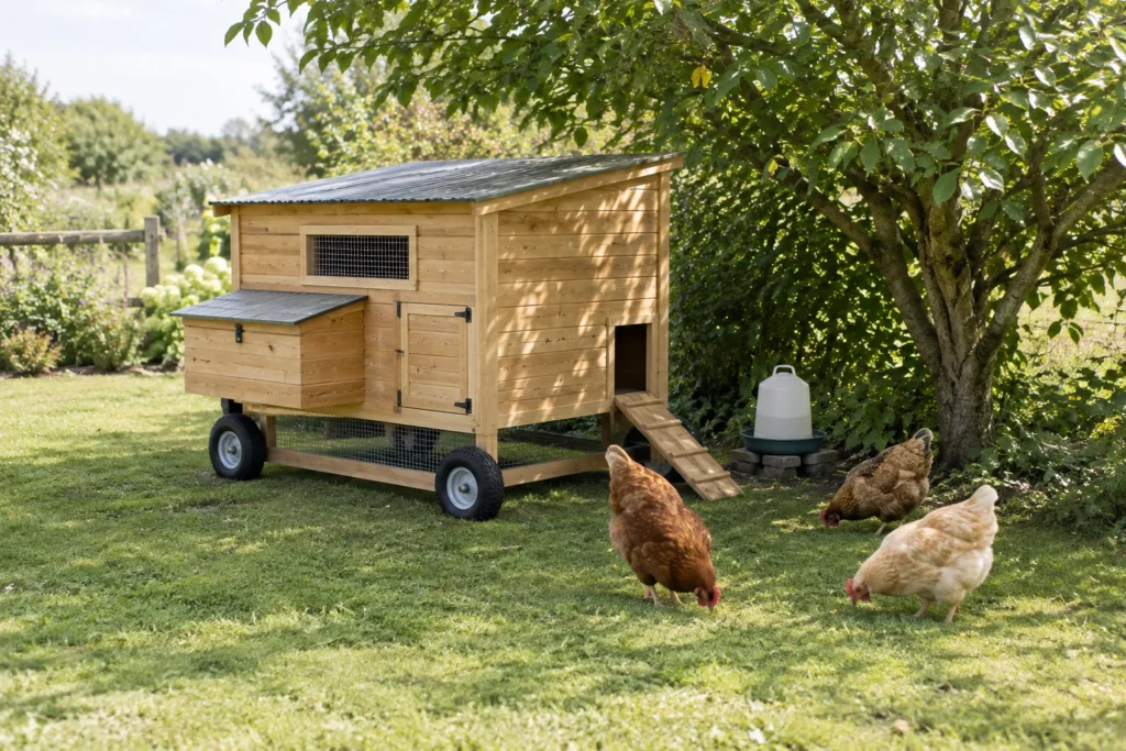 Illustratie van een verrijdbaar houten kippenhok met een loopplank, drie scharrelende kippen en een drinkbak in een groene tuin.
