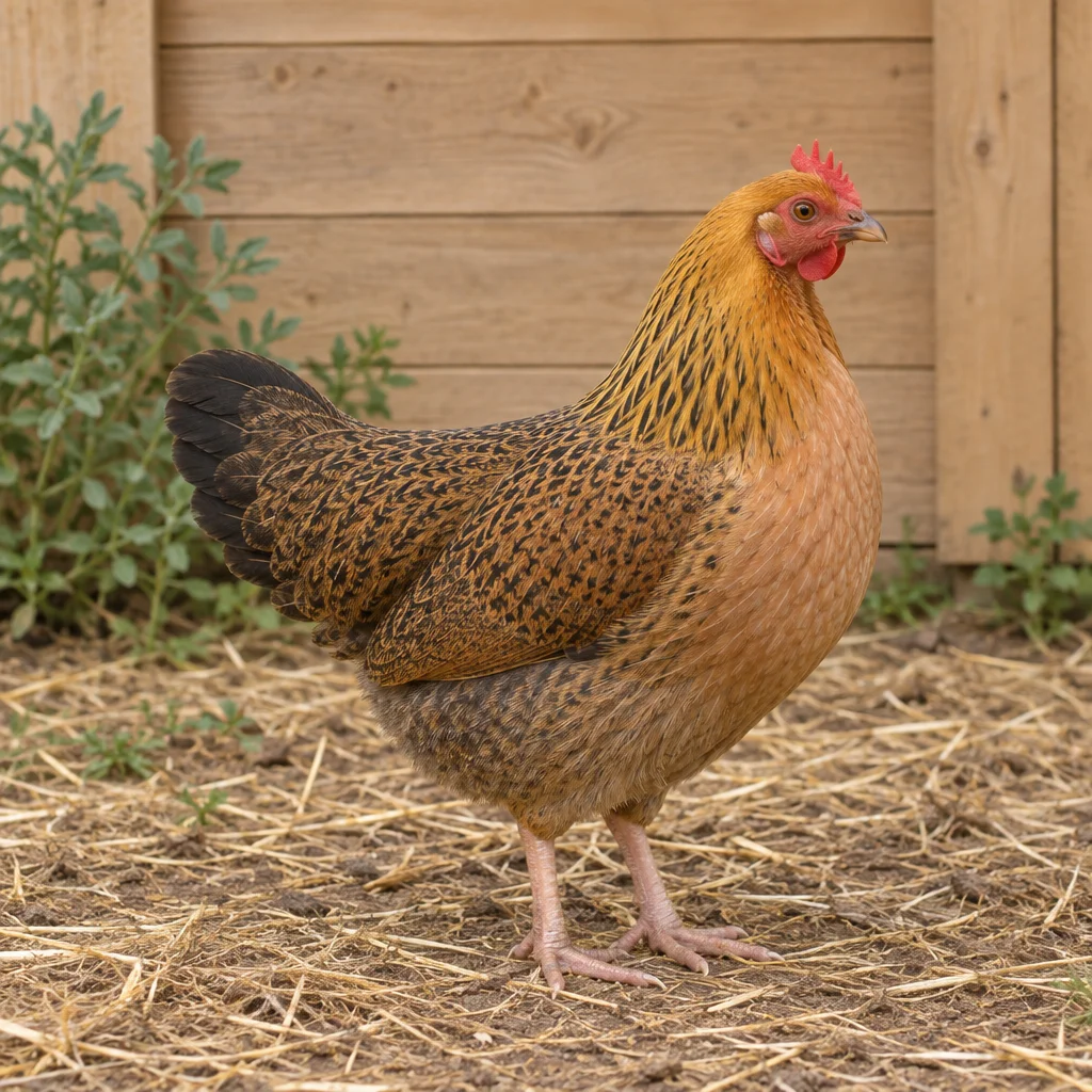 Illustratie van een goudbruin getekende Mugellese hen met een donkere staart, staand op een bodem met stro.