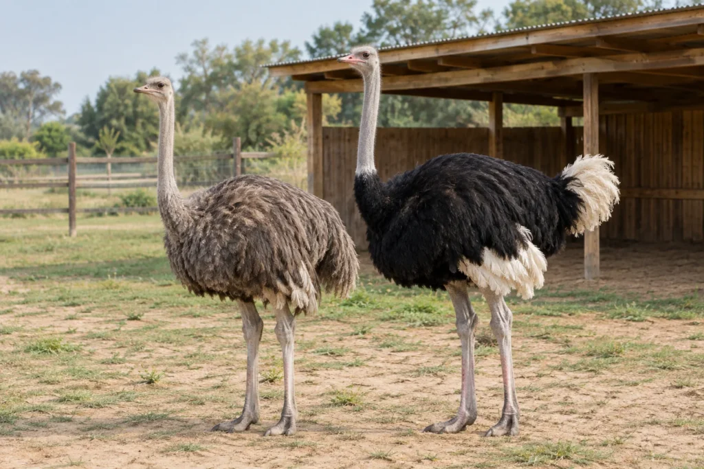 Illustratie van twee struisvogels in een omheinde buitenruimte bij een open houten schuilstal.