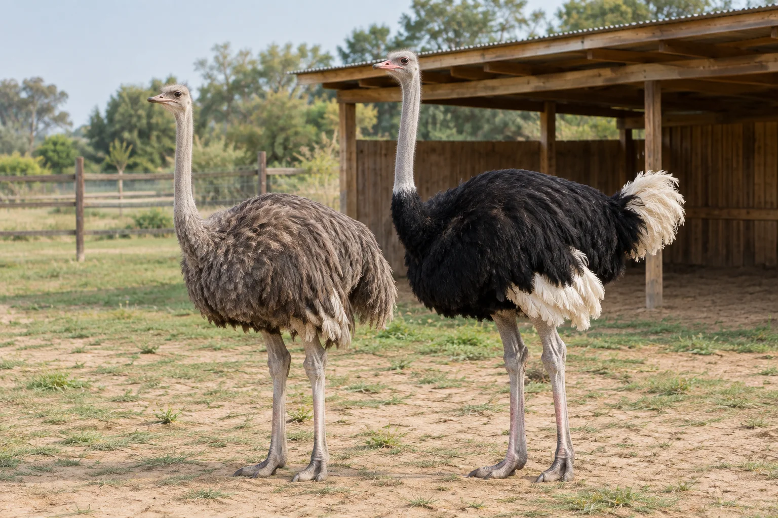 Illustratie van twee struisvogels in een omheinde buitenruimte bij een open houten schuilstal.