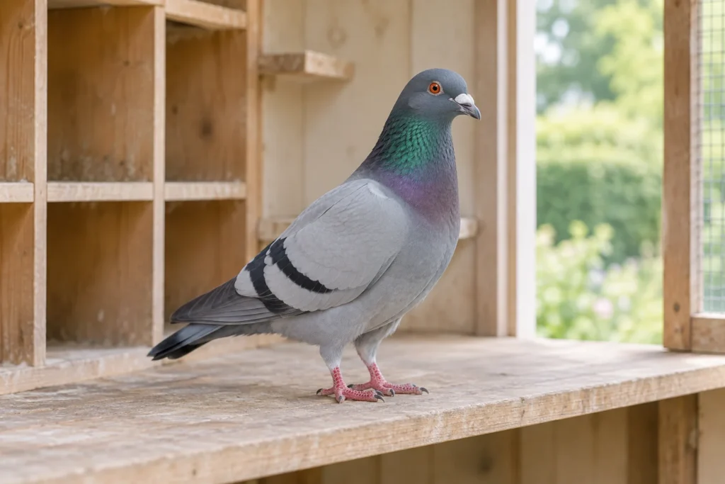 Een grijze duif staat op een houten plank in een duivenhok, met lege zitvakken en groen op de achtergrond.