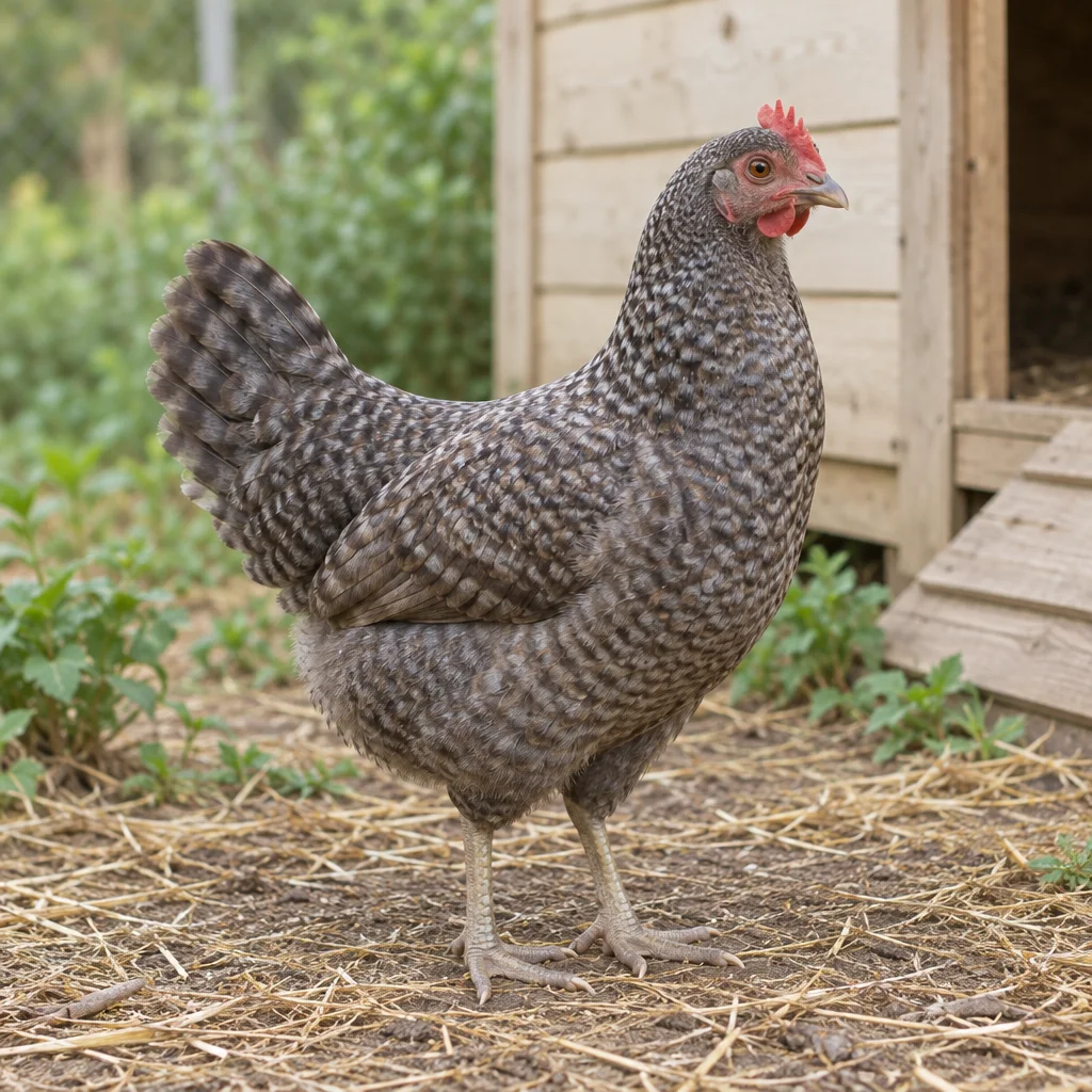 Illustratie van een Polbar hen met gestreept verenkleed bij een kippenhok.