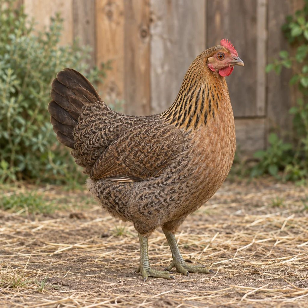Bruin getekende hen met een rode kam en olijfgroene poten op een erf met stro, voor een houten wand.
