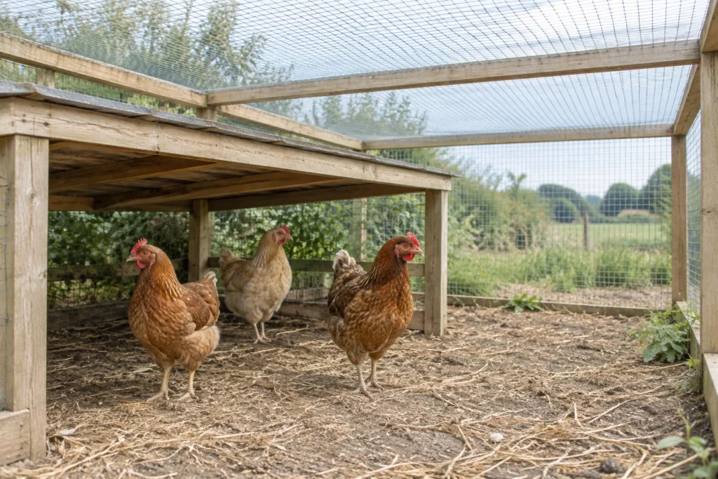 Drie kippen in een uitloop met een afdekking van gaas en een lage houten schuilplek.