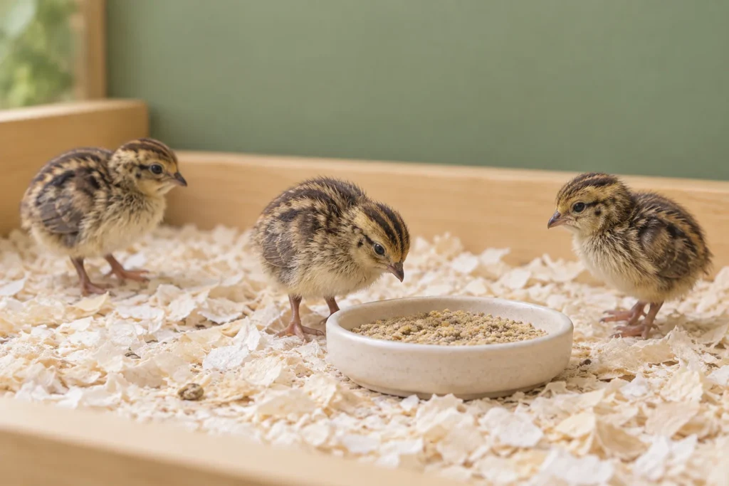 Drie jonge kwartels staan op lichte houtkrullen bij een ondiep schaaltje met voer.