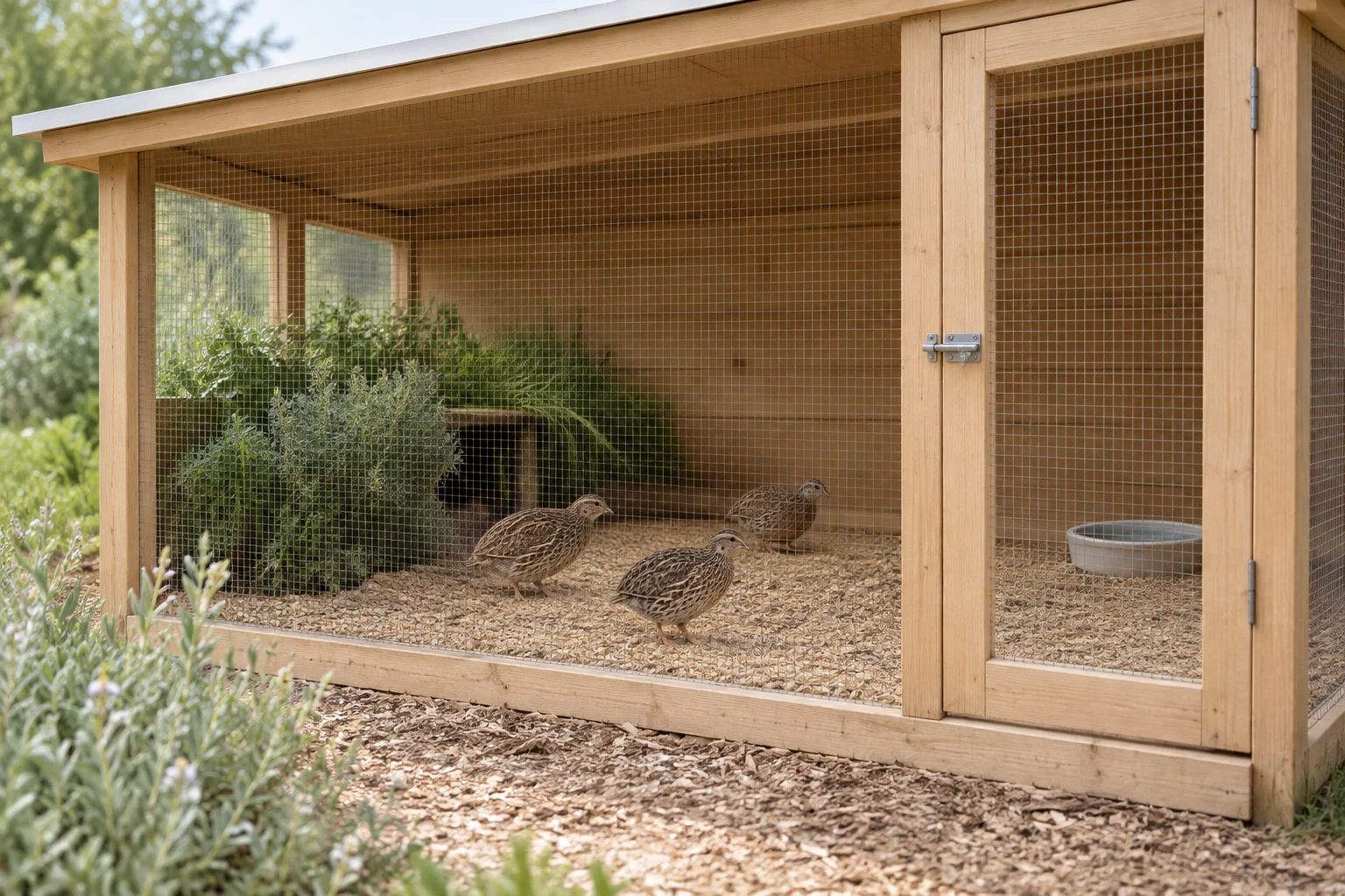 Drie kwartels in een overdekt houten verblijf met gaaswanden, bodembedekking, een schuilplek en een waterbak.
