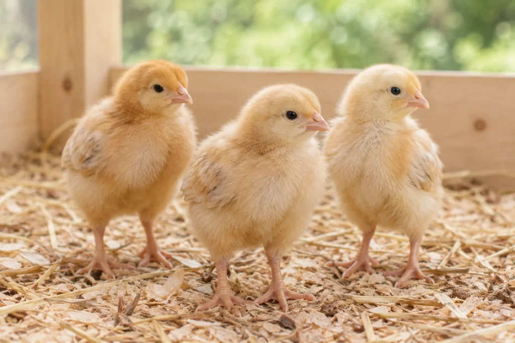 Drie jonge kuikens staan op stro en houtkrullen in een houten verblijf.