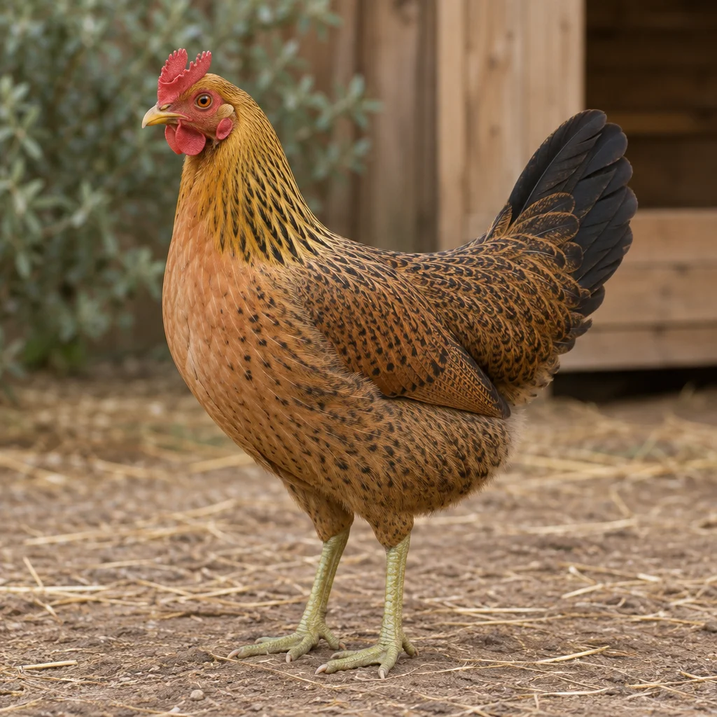 Een goudbruine hen met een rode bekervormige kam, rode oorlellen en groenachtige poten staat op een erf met stro.
