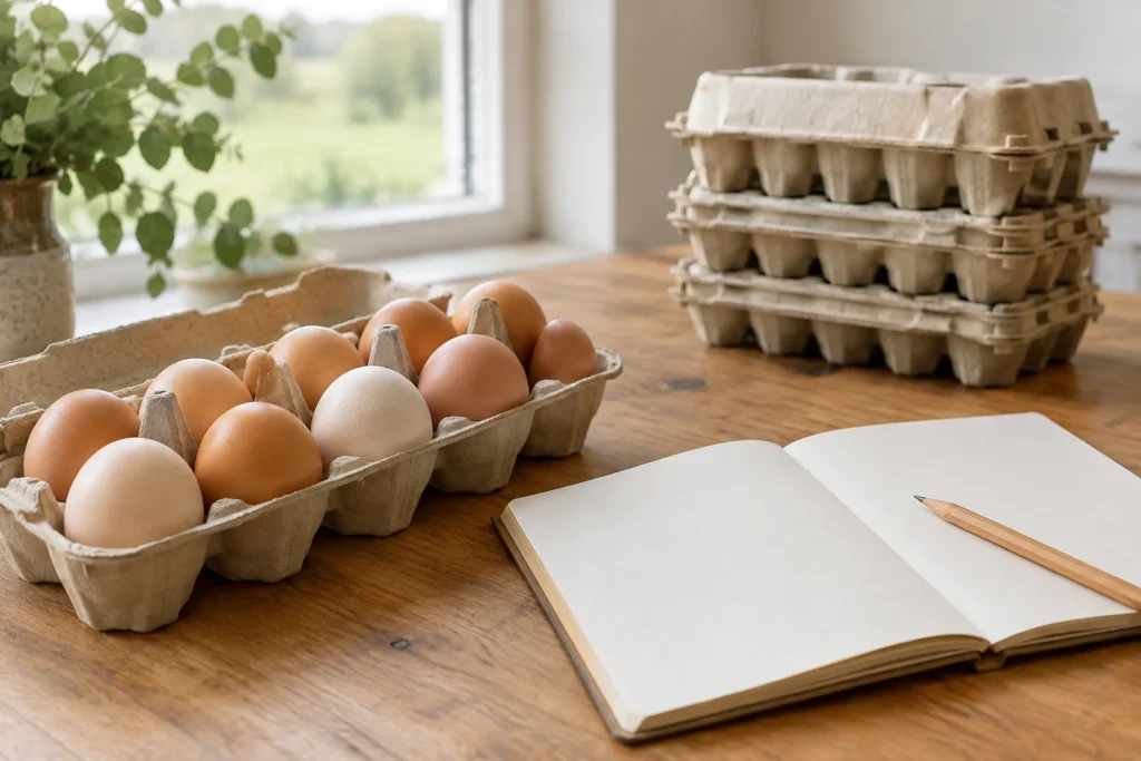 Een eierdoos met eieren staat naast een leeg notitieboek en een potlood op een houten tafel. Op de achtergrond staan lege eierdozen.
