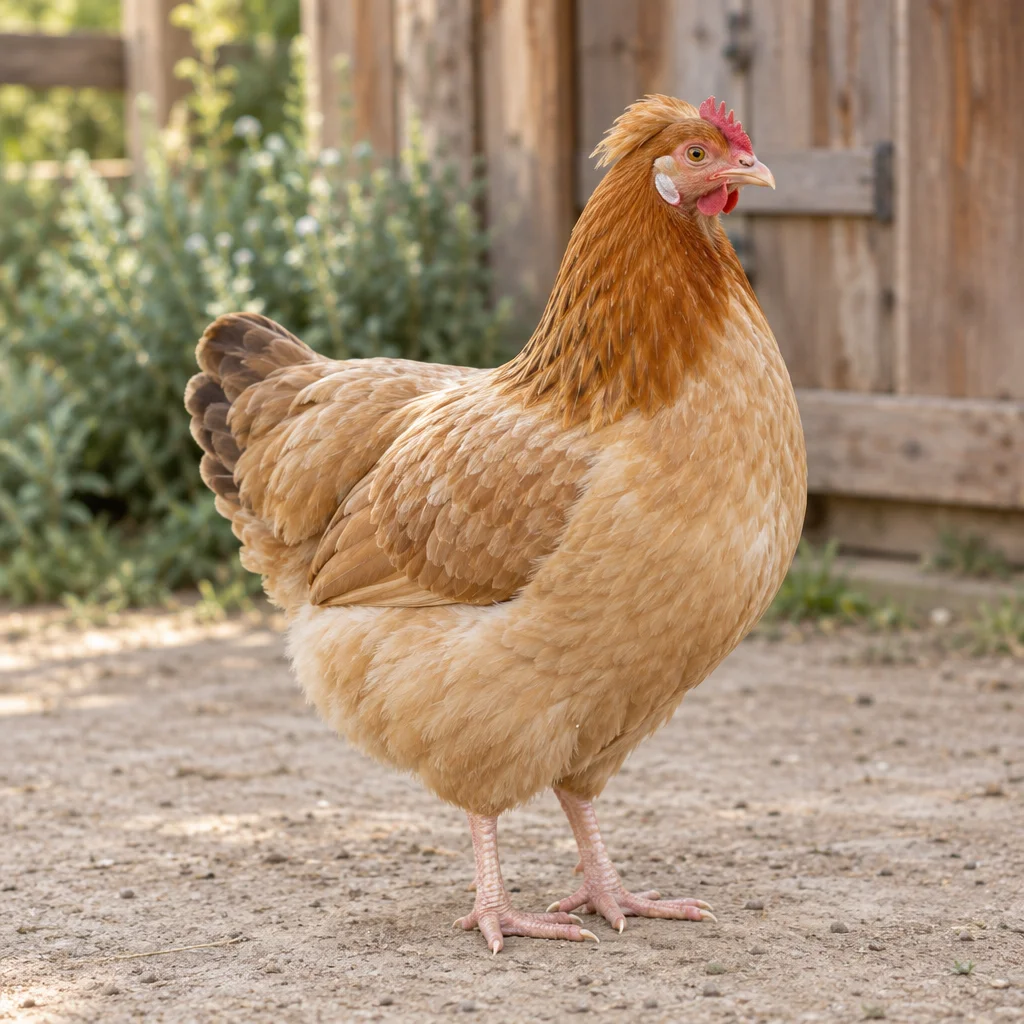 Illustratie van een tarwekleurige hen met een naar achteren vallend kuifje op een erf.