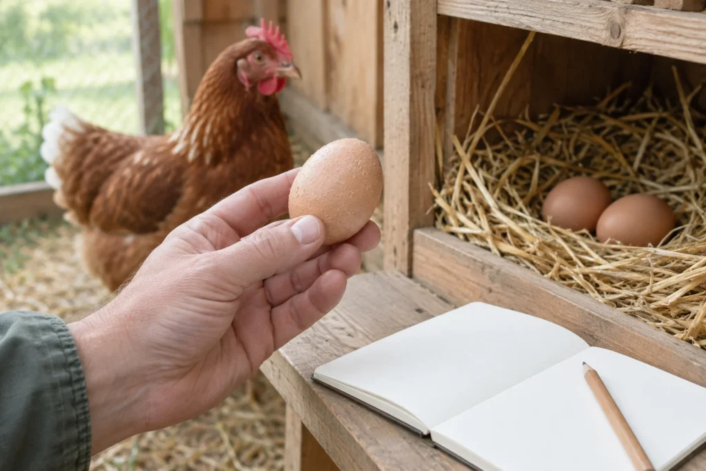 Een hand houdt een ei met een licht ruwe schaal bij een legnest met twee eieren. Op de houten rand liggen een leeg notitieboek en een potlood; op de achtergrond staat een bruine kip.
