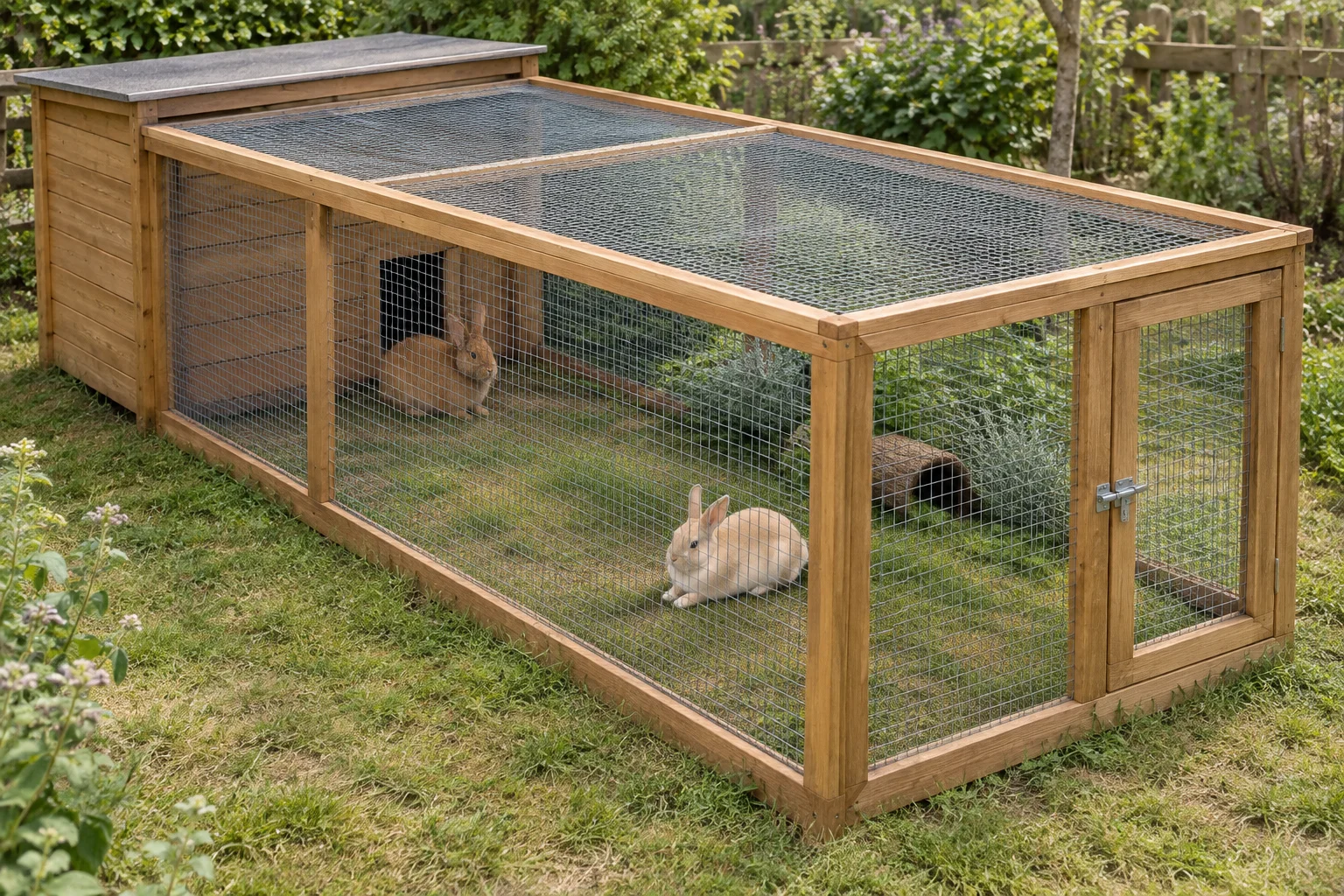 Illustratie van twee konijnen in een overdekte buitenren met gaaswanden en een houten schuilhok.