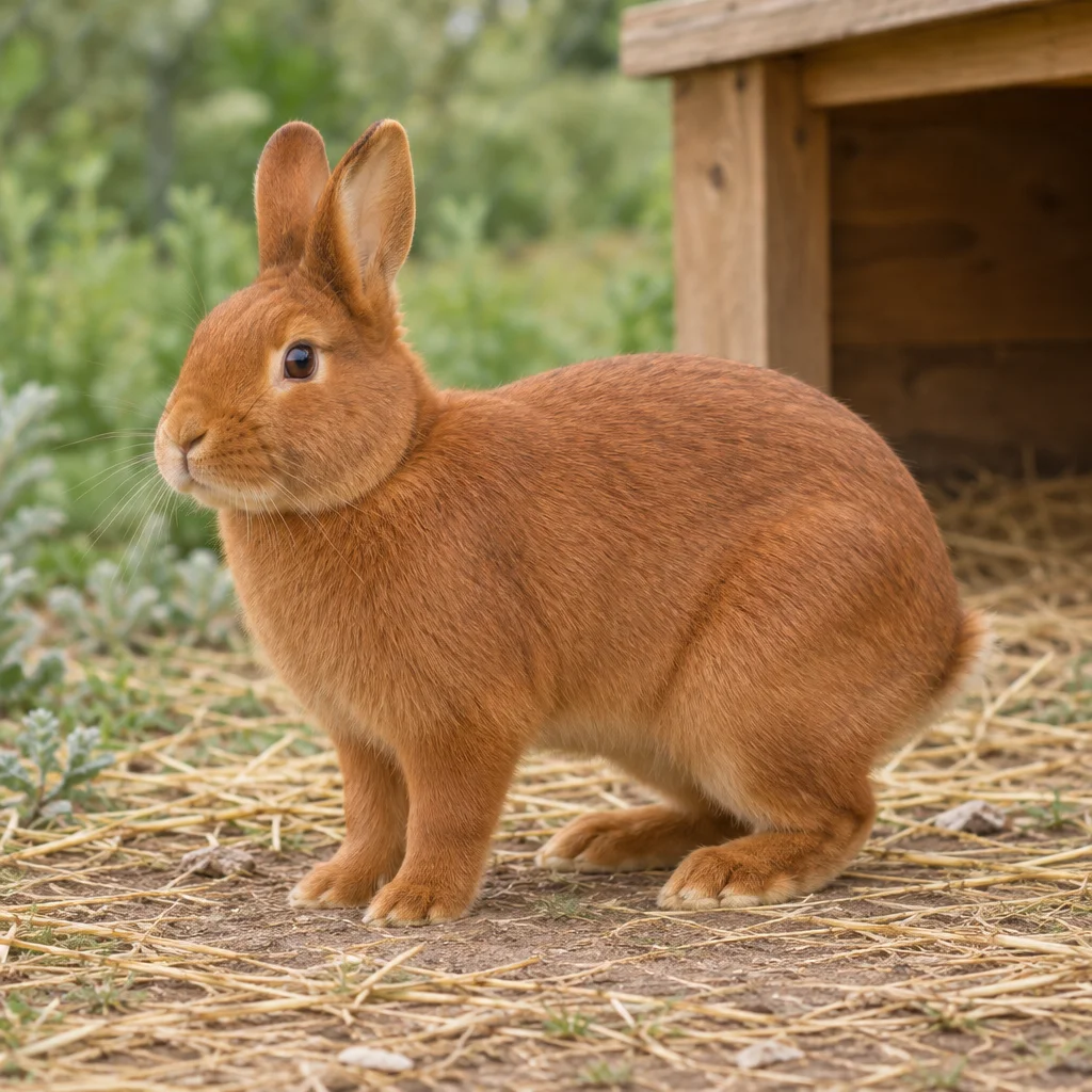 Roodbruin konijn met rechtopstaande oren staat met alle vier de poten op stro naast een houten schuilplek.