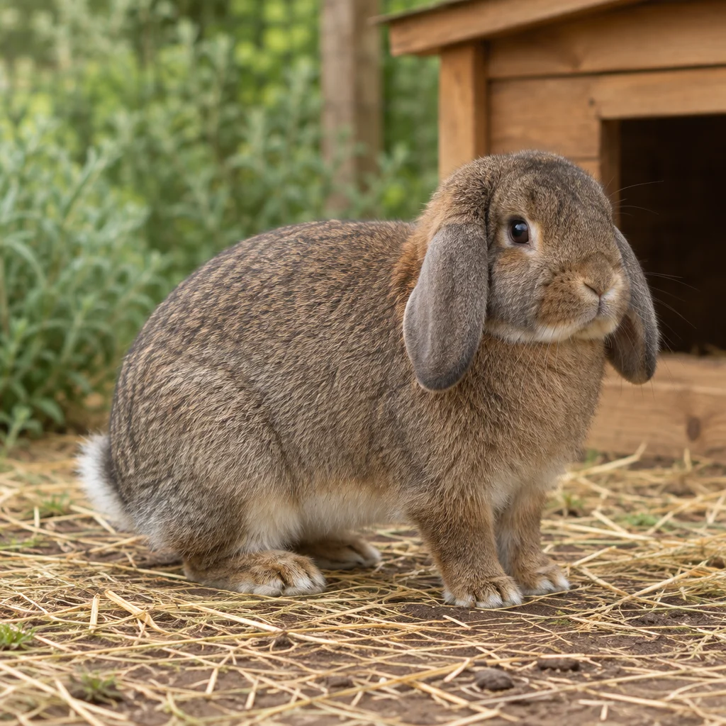 Konijn met een grijsbruine vacht en hangende oren staat op stro naast een houten schuilplek.
