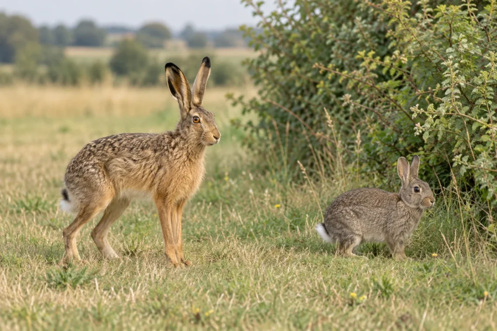 Illustratie van een haas met lange poten naast een kleiner wild konijn in een grasveld.