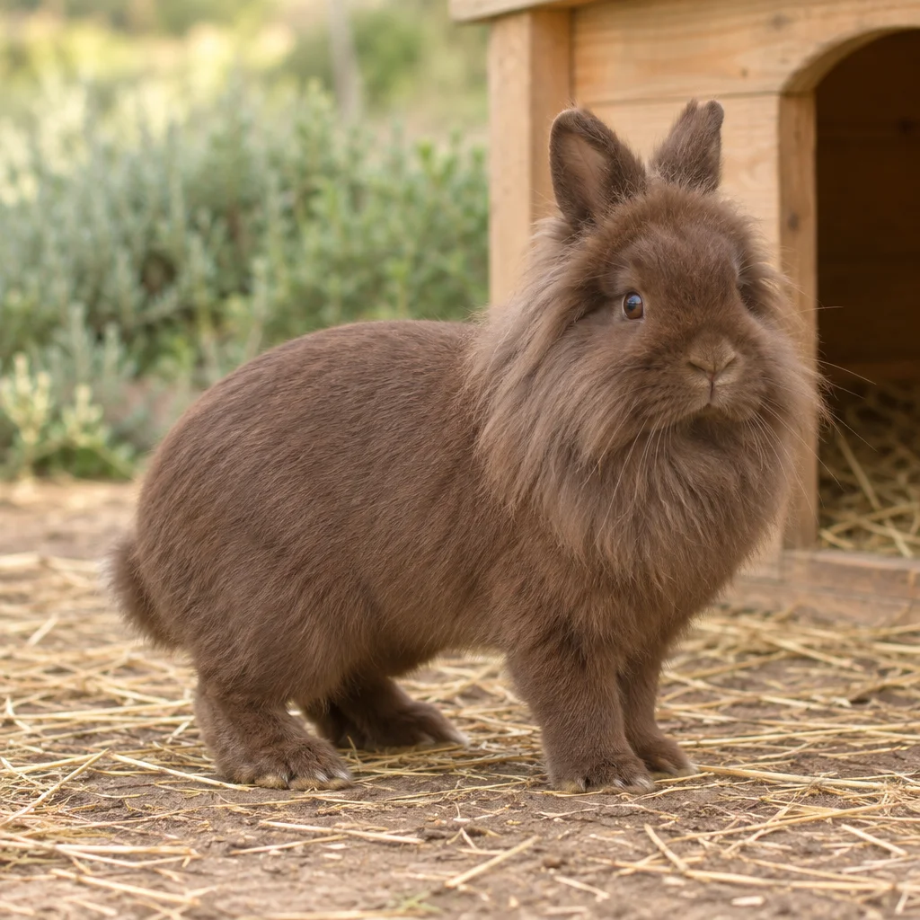 Bruin konijn met volle manen rond de kop en borst en rechtopstaande oren, naast een houten schuilhok.