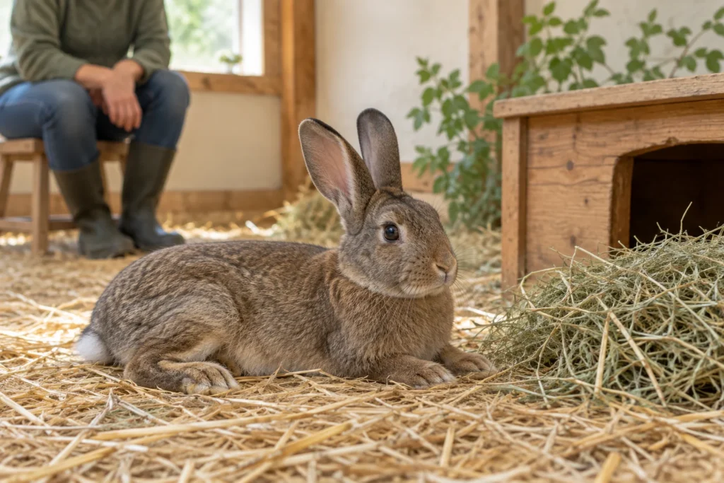 Een bruin konijn ligt op stro naast hooi en een houten schuilplek, terwijl een persoon op de achtergrond zit.