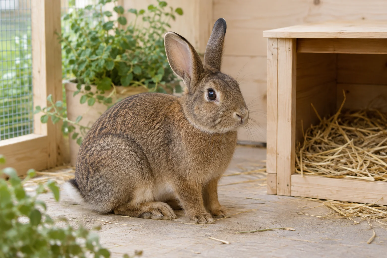 Bruin konijn zit in een verblijf naast een houten nestkast met hooi.