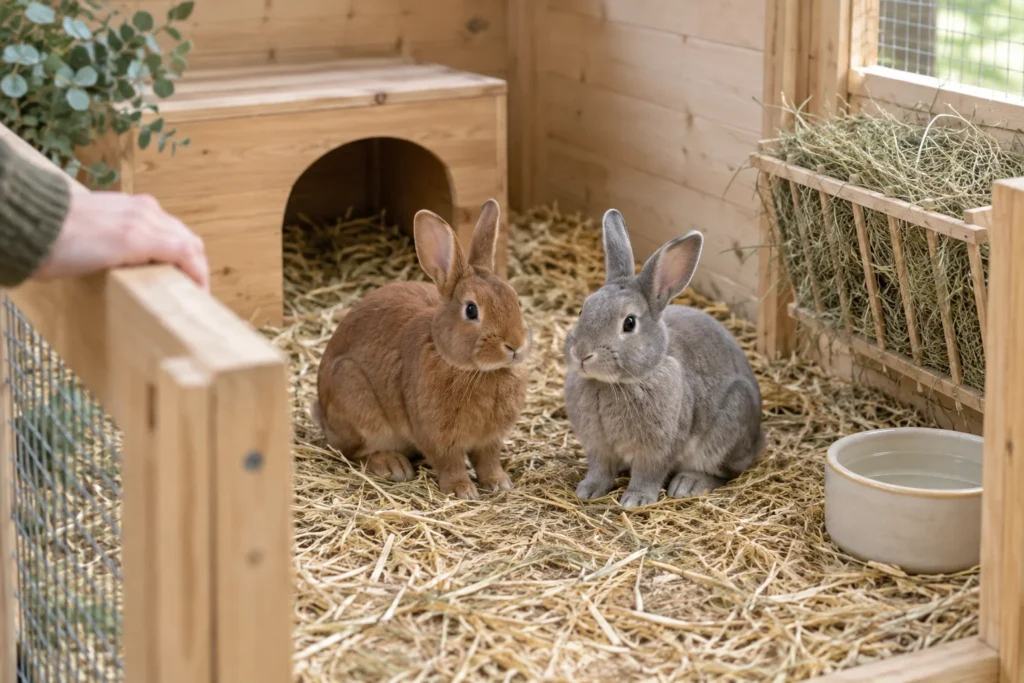Een bruin en een grijs konijn zitten naast elkaar op stro in een houten verblijf, met hooi, een schuilhuisje en een waterbak. Een hand rust op de rand van het verblijf.