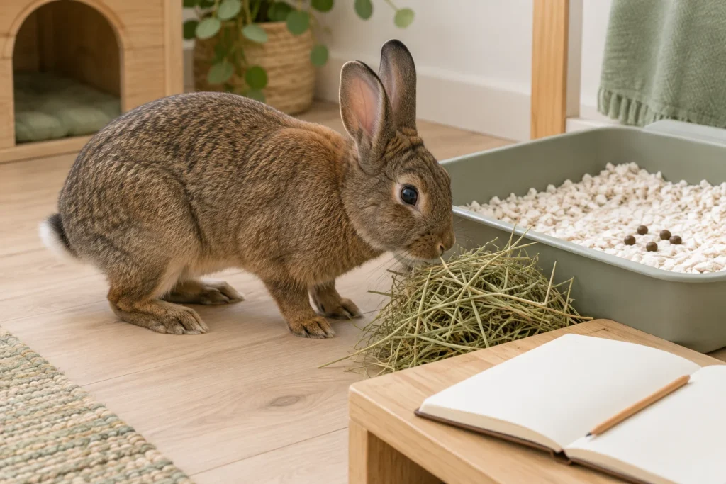 Bruin konijn bij hooi en een kattenbak met enkele keutels; op een houten tafeltje liggen een leeg notitieboek en een potlood.