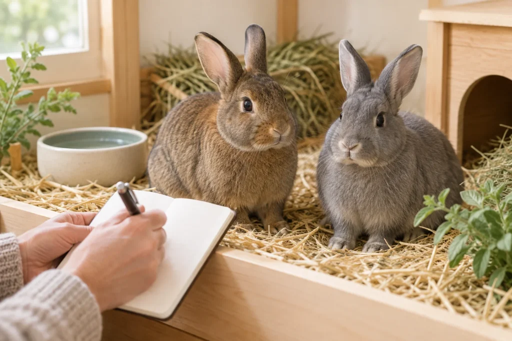 Twee konijnen zitten in een verblijf met hooi, terwijl iemand een pen boven een notitieboek houdt.