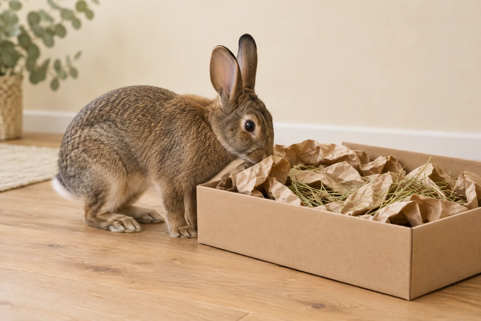 Bruin konijn snuffelt aan een lage kartonnen bak met verfrommeld papier en hooi op een houten vloer.