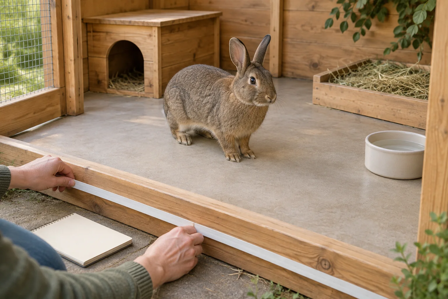 Bruin konijn in een houten verblijf met een schuilhuisje, een bak met hooi en een waterbak. Buiten het verblijf houden handen een ongemarkeerde meetband langs de rand.