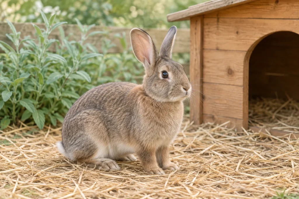Bruin konijn met rechtopstaande oren op stro naast een houten schuilhok.
